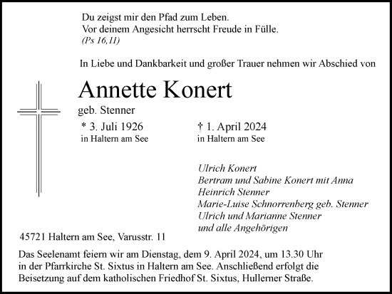 Traueranzeige von Annette Konert von Ruhr Nachrichten und Halterner Zeitung