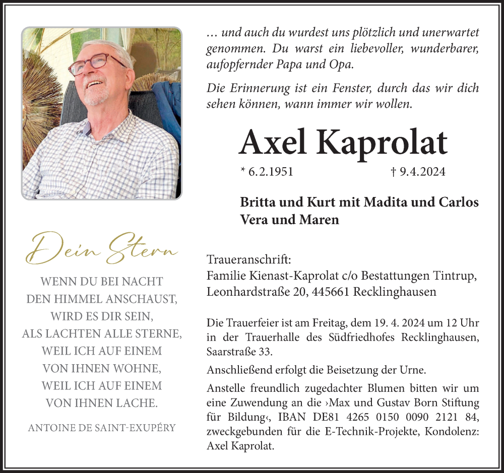  Traueranzeige für Axel Kaprolat vom 17.04.2024 aus Medienhaus Bauer