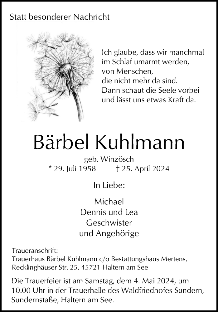  Traueranzeige für Bärbel Kuhlmann vom 30.04.2024 aus Ruhr Nachrichten und Halterner Zeitung
