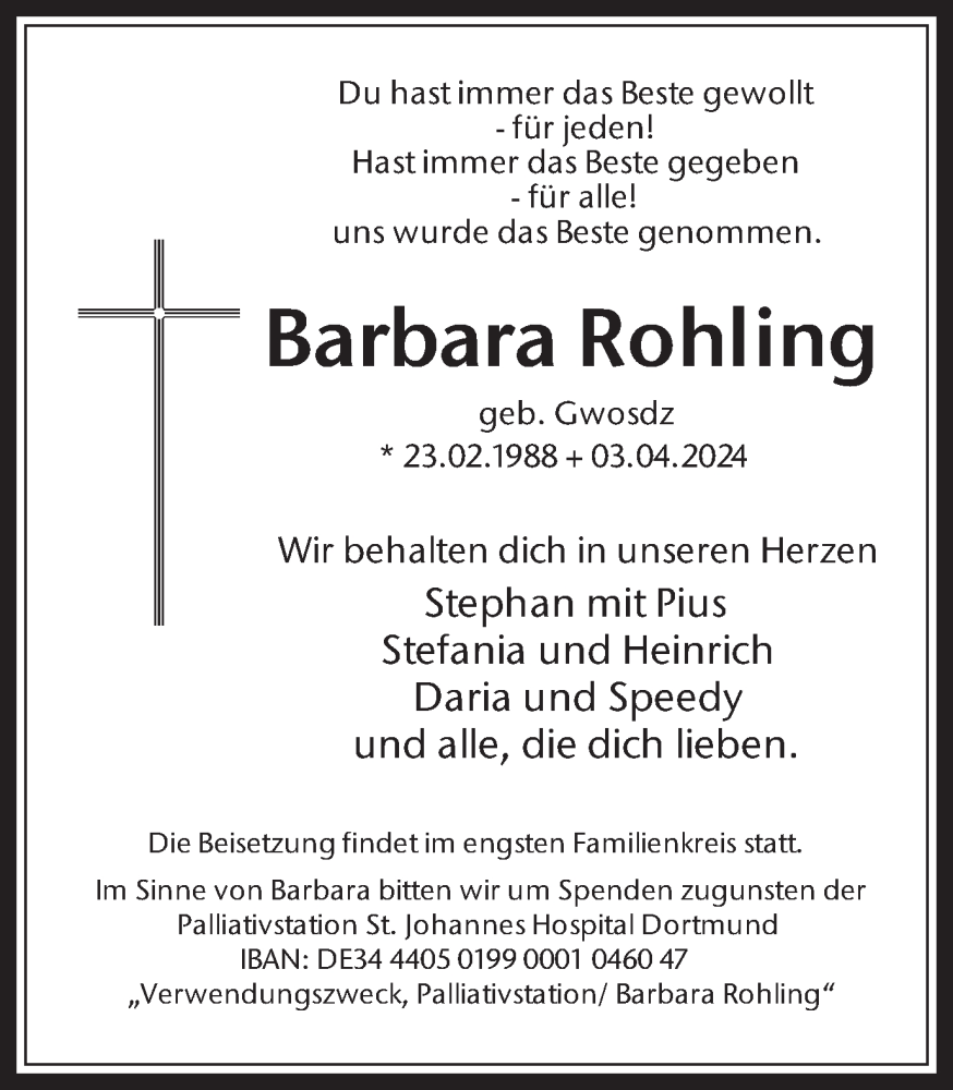  Traueranzeige für Barbara Rohling vom 10.04.2024 aus Medienhaus Bauer