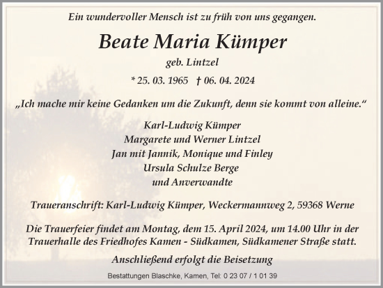 Traueranzeige von Beate Maria Kümper von Hellweger Anzeiger