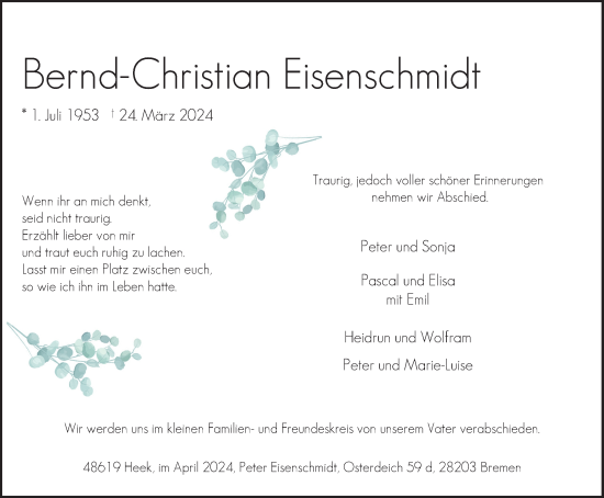 Traueranzeige von Bernd-Christian Eisenschmidt