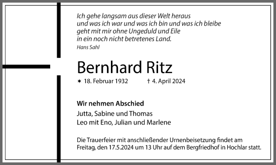 Traueranzeige von Bernhard Ritz von Medienhaus Bauer