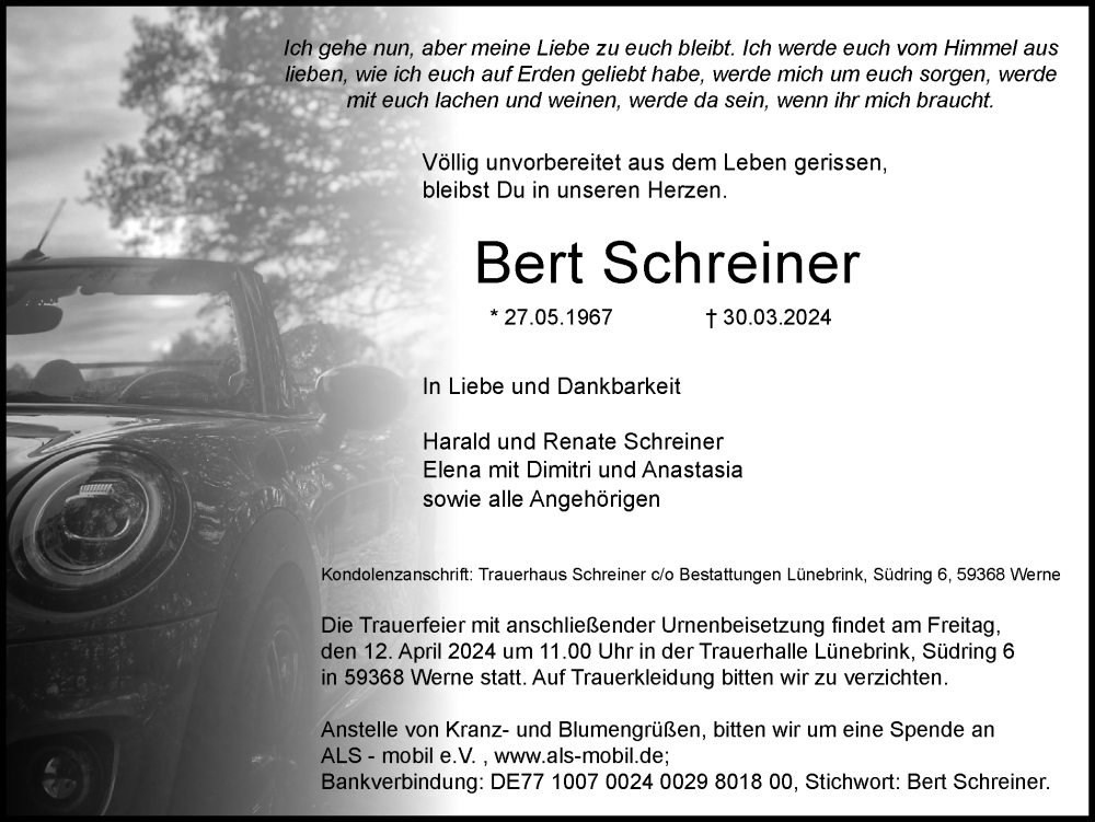  Traueranzeige für Bert Schreiner vom 06.04.2024 aus Ruhr Nachrichten
