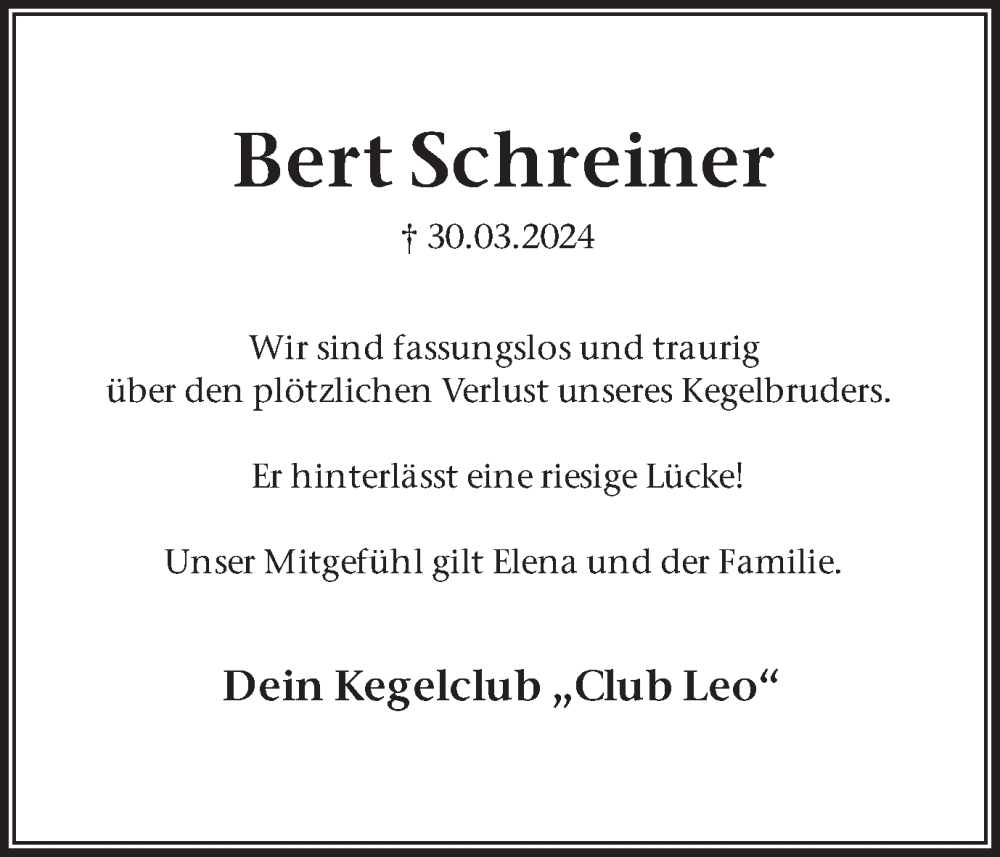  Traueranzeige für Bert Schreiner vom 06.04.2024 aus Ruhr Nachrichten