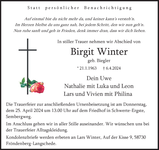 Traueranzeige von Birgit Winter von Ruhr Nachrichten