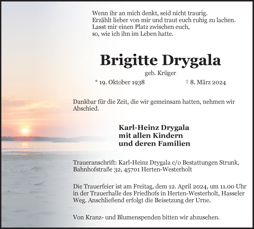  Traueranzeige für Brigitte Drygala vom 12.04.2024 aus Medienhaus Bauer