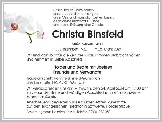 Traueranzeige von Christa Binsfeld von Ruhr Nachrichten