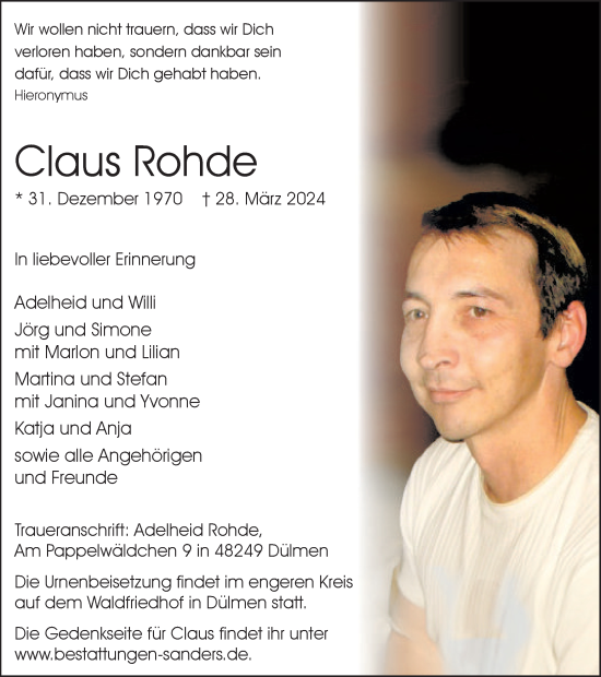 Traueranzeige von Claus Rohde von Ruhr Nachrichten und Halterner Zeitung