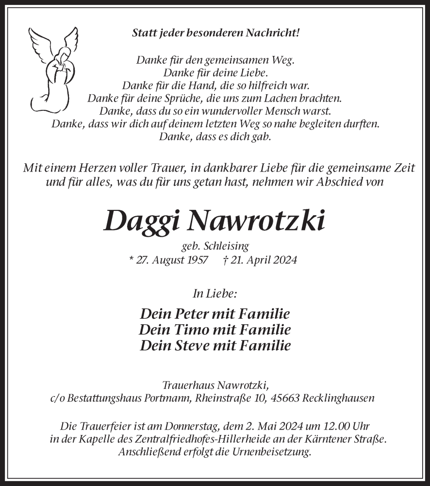  Traueranzeige für Daggi Nawrotzki vom 27.04.2024 aus Medienhaus Bauer