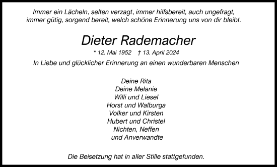 Traueranzeige von Dieter Rademacher von Ruhr Nachrichten und Dorstener Zeitung
