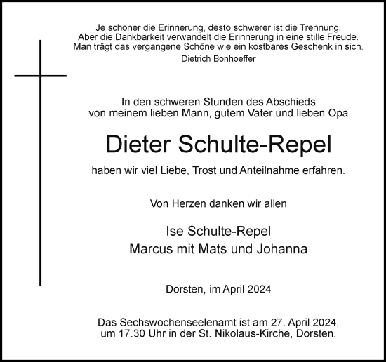 Traueranzeige von Dieter Schulte-Repel von Ruhr Nachrichten und Dorstener Zeitung