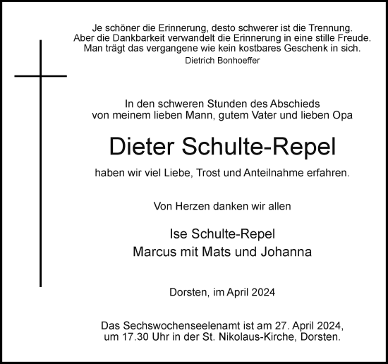 Traueranzeige von Dieter Schulte-Repel von Ruhr Nachrichten und Dorstener Zeitung