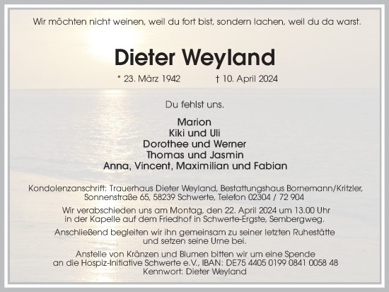 Traueranzeige von Dieter Weyland