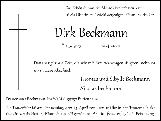 Traueranzeige von Dirk Beckmann