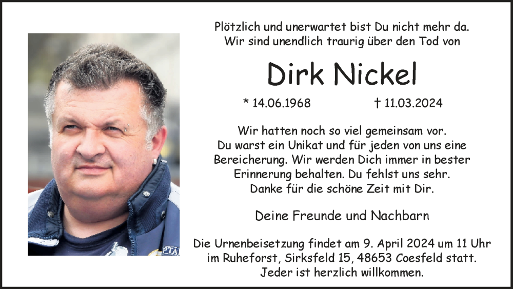  Traueranzeige für Dirk Nickel vom 06.04.2024 aus Münsterland Zeitung