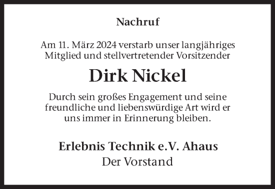 Traueranzeige von Dirk Nickel von Münsterland Zeitung