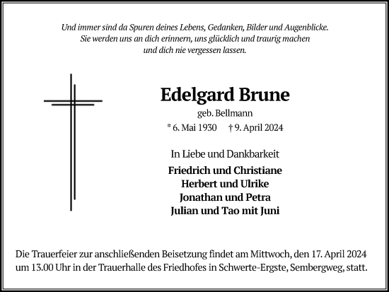 Traueranzeige von Edelgard Brune von Ruhr Nachrichten