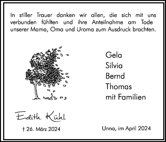 Traueranzeige von Edith Kühl von Hellweger Anzeiger