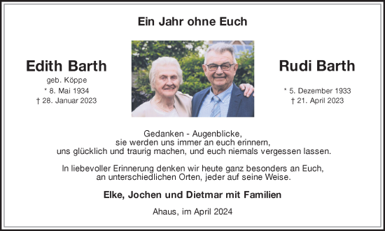 Traueranzeige von Edith und Rudi Barth von Münsterland Zeitung