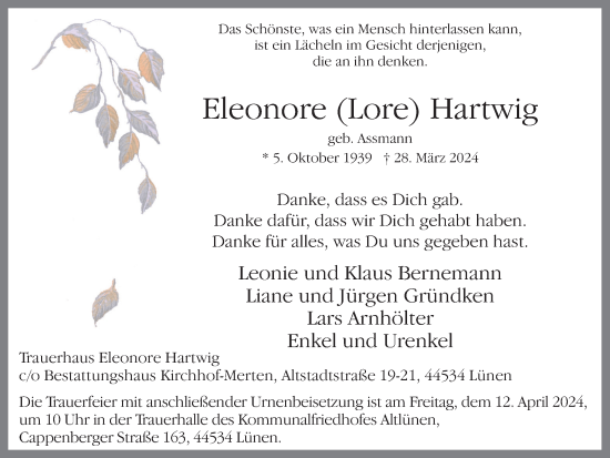 Traueranzeige von Eleonore Hartwig 