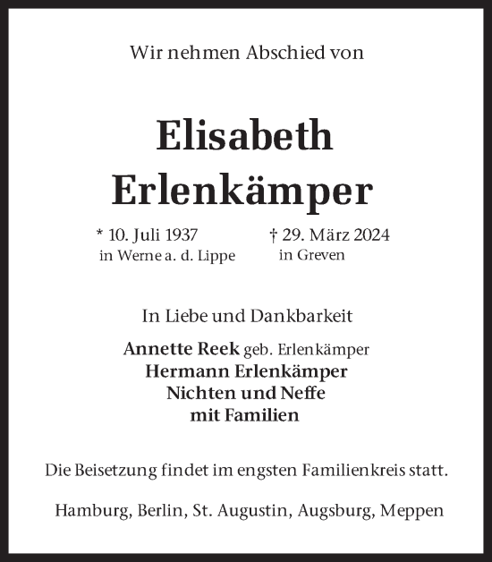 Traueranzeige von Elisabeth Erlenkämper von Ruhr Nachrichten