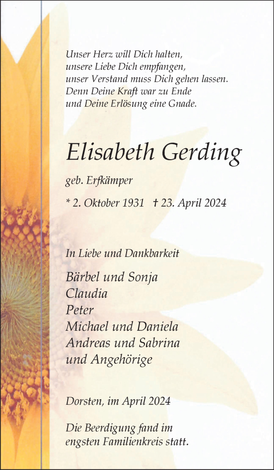 Traueranzeige von Elisabeth Gerding