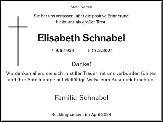 Traueranzeige von Elisabeth Schnabel von Medienhaus Bauer