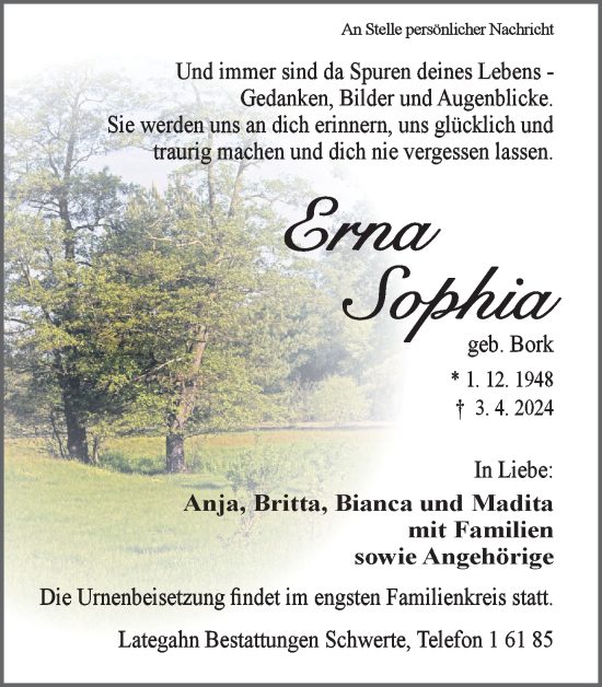 Traueranzeige von Erna Sophia von Ruhr Nachrichten