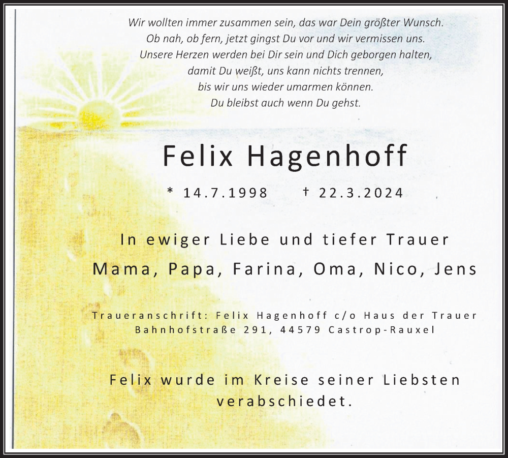  Traueranzeige für Felix Hagenhoff vom 13.04.2024 aus 