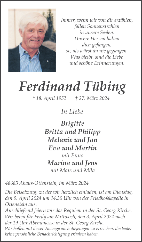 Traueranzeige von Ferdinand Tübing von Münsterland Zeitung