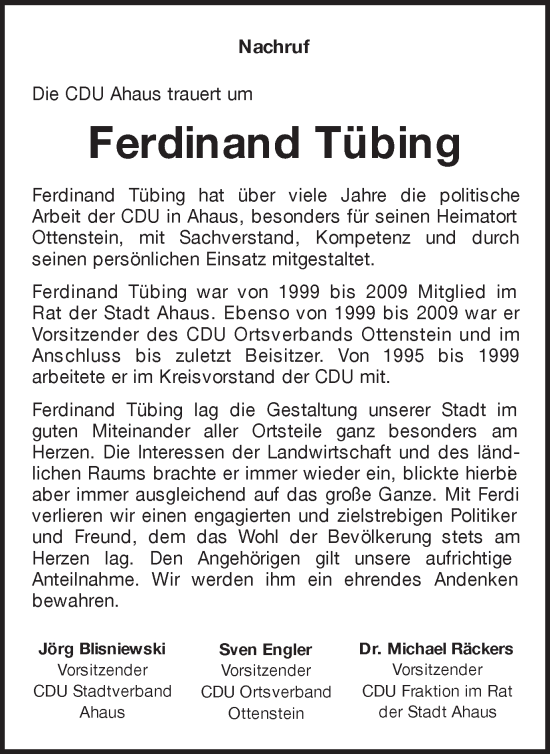 Traueranzeige von Ferdinand Tübing 
