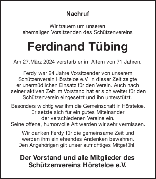 Traueranzeige von Ferdinand Tübing von Münsterland Zeitung