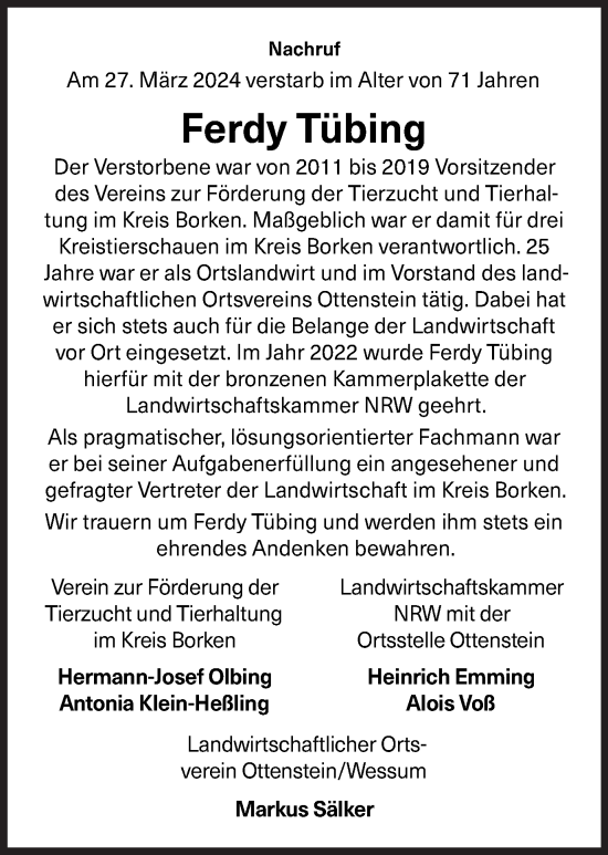 Traueranzeige von Ferdy Tübing von Münsterland Zeitung
