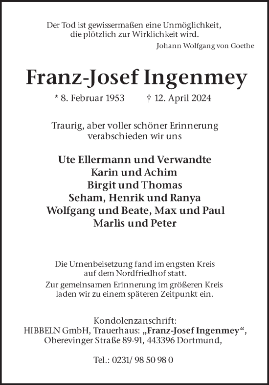 Traueranzeige von Franz-Josef Ingenmey 