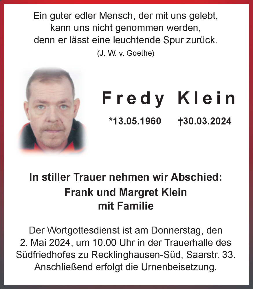  Traueranzeige für Fredy Klein vom 27.04.2024 aus Medienhaus Bauer