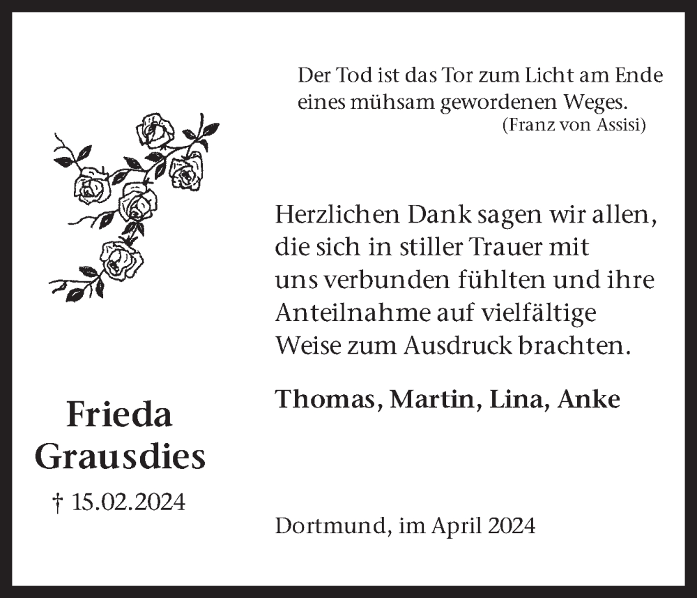  Traueranzeige für Frieda Grausdies vom 06.04.2024 aus 