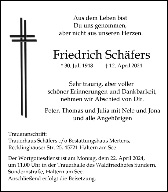 Traueranzeige von Friedrich Schäfers von Ruhr Nachrichten und Halterner Zeitung