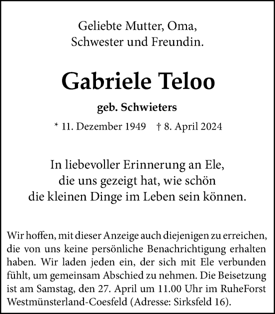 Traueranzeige von Gabriele Teloo von Münsterland Zeitung