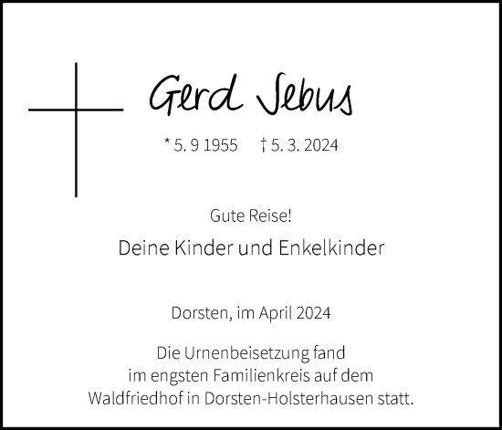 Traueranzeige von Gerd Sebus von Ruhr Nachrichten und Dorstener Zeitung
