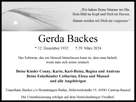 Traueranzeige von Gerda Backes 