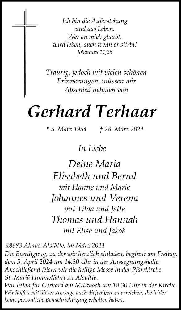  Traueranzeige für Gerhard Terhaar vom 02.04.2024 aus Münsterland Zeitung