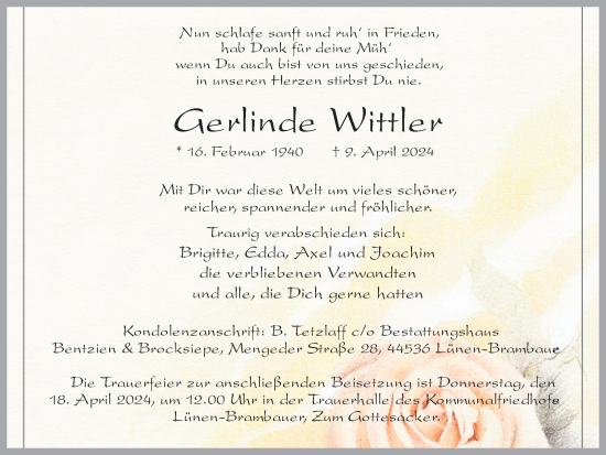 Traueranzeige von Gerlinde Wittler