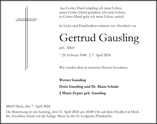Traueranzeige von Gertrud Gausling von Münsterland Zeitung