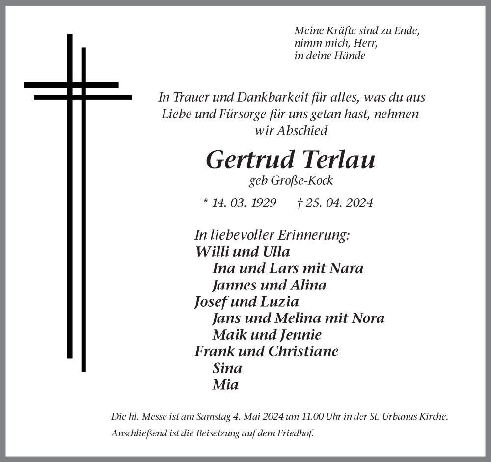  Traueranzeige für Gertrud Terlau vom 29.04.2024 aus Ruhr Nachrichten und Dorstener Zeitung