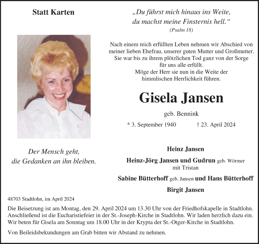  Traueranzeige für Gisela Jansen vom 26.04.2024 aus Münsterland Zeitung