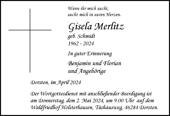 Traueranzeige von Gisela Merlitz von Ruhr Nachrichten und Dorstener Zeitung