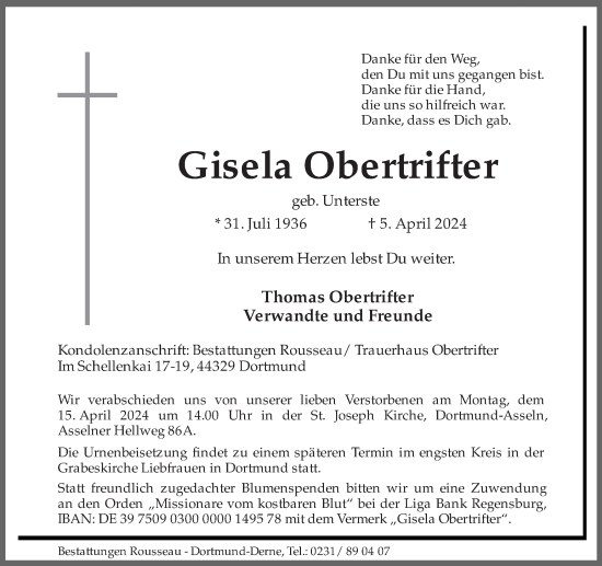 Traueranzeige von Gisela Obertrifter 