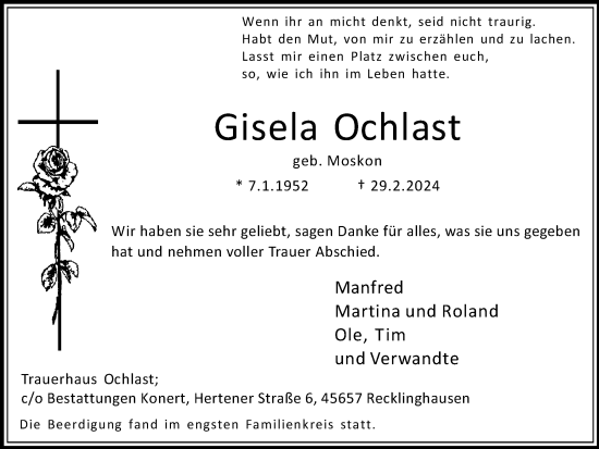 Traueranzeige von Gisela Ochlast von Medienhaus Bauer