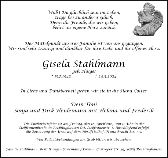 Traueranzeige von Gisela Stahlmann von Medienhaus Bauer